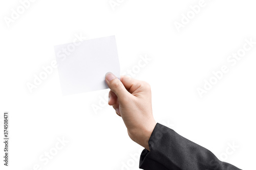 Man hand holding business card ( white paper card ) Isolated on white background. with clipping path. © banphote