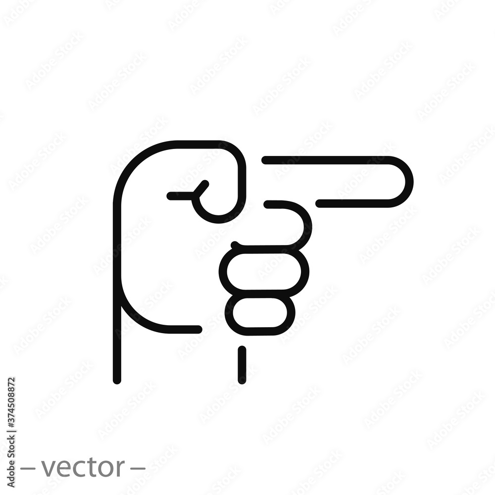 hand pointing finger icon, right arrow, choice way decision, thin line web symbol on white background - editable stroke vector illustration eps 10