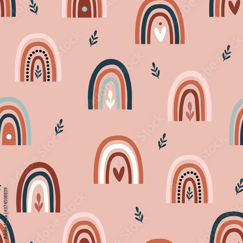 Bohemian, modern boho chic seamless pattern with hand drawn abstract rainbows in scandinavian style. Vector boho seamless repeating background, digital paper, fabric, wallpaper, stationery
