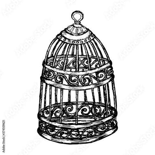 Sketch cage in vintage style black outline isolated on white background. Stock vector illustration for design and decoration. Sticker, banner, poster.