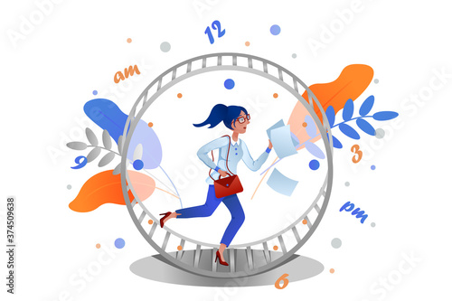 Business woman with paper and bag running in a hamster wheel as rat race. Concept of busy business people.
