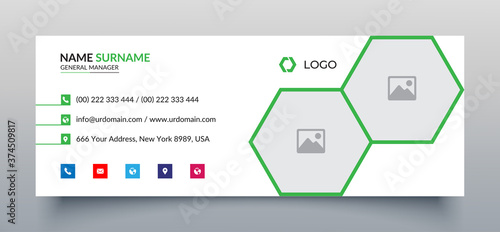 Corporate email signature template with an author photo place modern and minimal layout and green background