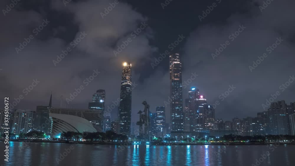 Timelapse of Guangzhou skyline with skyscrapers at night. Downtown of city in China Timelapse of Guangzhou skyline with skyscrapers at night. Downtown of city in China
