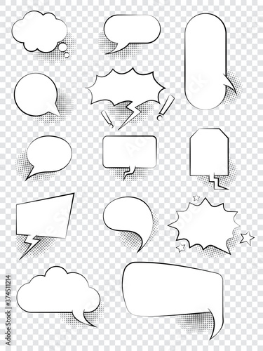 Set of simple empty comic speech bubbles with black halftone shadows.