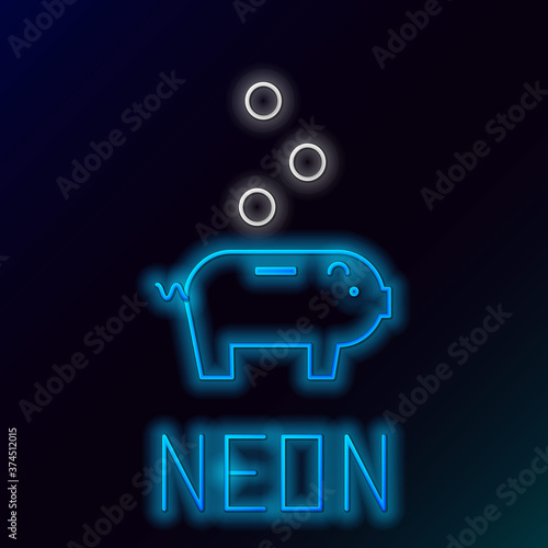 Glowing neon line Piggy bank with coin icon isolated on black background. Icon saving or accumulation of money, investment. Colorful outline concept. Vector.