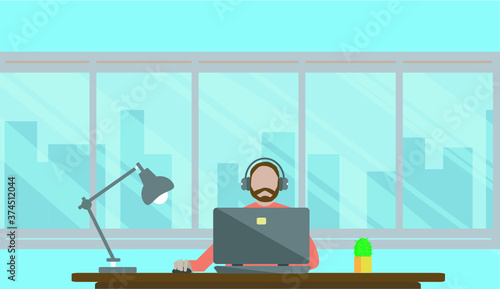 Working from home. A man works on the computer at home.Vector illustration