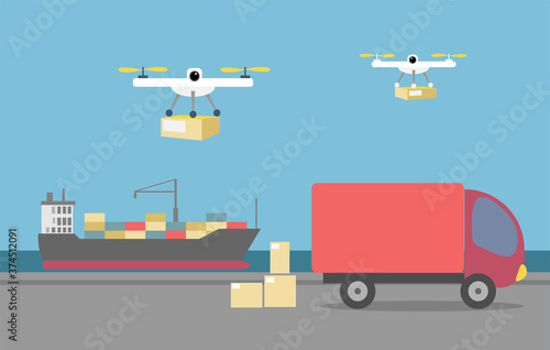Cargo handling concept. Sea freight ships for large containers, trucks for medium-sized goods, and drones for light packages.