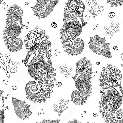 Underwater life Seamless pattern texture vector for adults and kids. Hand drawn seamless pattern ocean animals. Coloring page, coloring book marine life, underwater, outline seahorse, water creatures.
