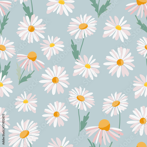 Summer cute hand drawn scandinavian style background seamless pattern with cottage garden flowers, roses, camomiles. Tender farmhouse summer pattern design for fabric, wallpaper, stationery
