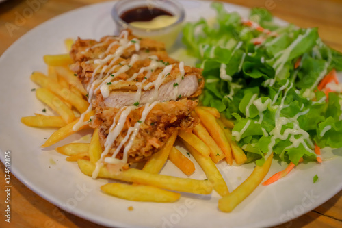 Fried Pork Steak with Sauce and Salad