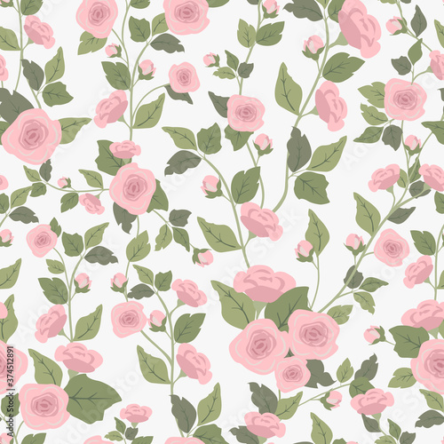 Summer cute hand drawn scandinavian style background seamless pattern with cottage garden flowers, roses. Tender farmhouse summer pattern design for fabric, wallpaper, stationery