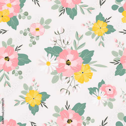 Summer cute hand drawn scandinavian style background seamless pattern with cottage garden flowers, roses, camomiles. Tender farmhouse summer pattern design for fabric, wallpaper, stationery