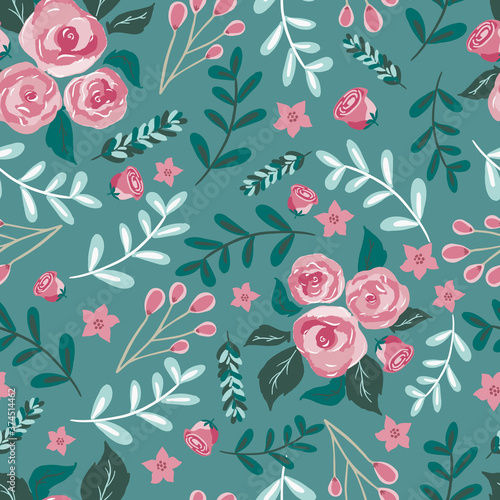 Surface pattern design with garden roses flowers in scandinavian style. Vector seamless repeating background, digital paper, fabric, wallpaper, stationery, gift wrapping paper.