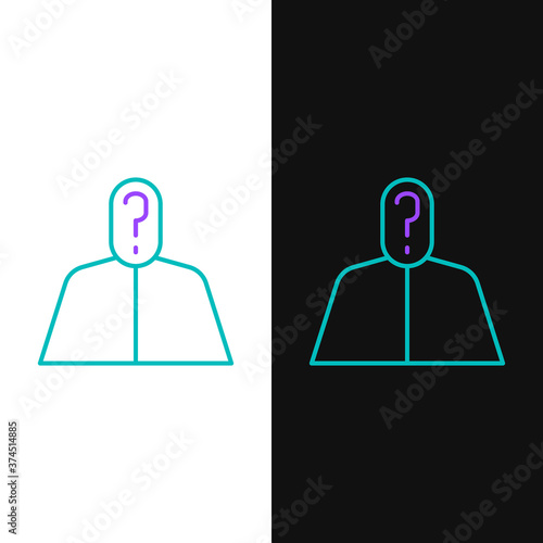 Line Anonymous man with question mark icon isolated on white and black background. Unknown user, incognito profile, business secrecy, obscurity. Colorful outline concept. Vector.