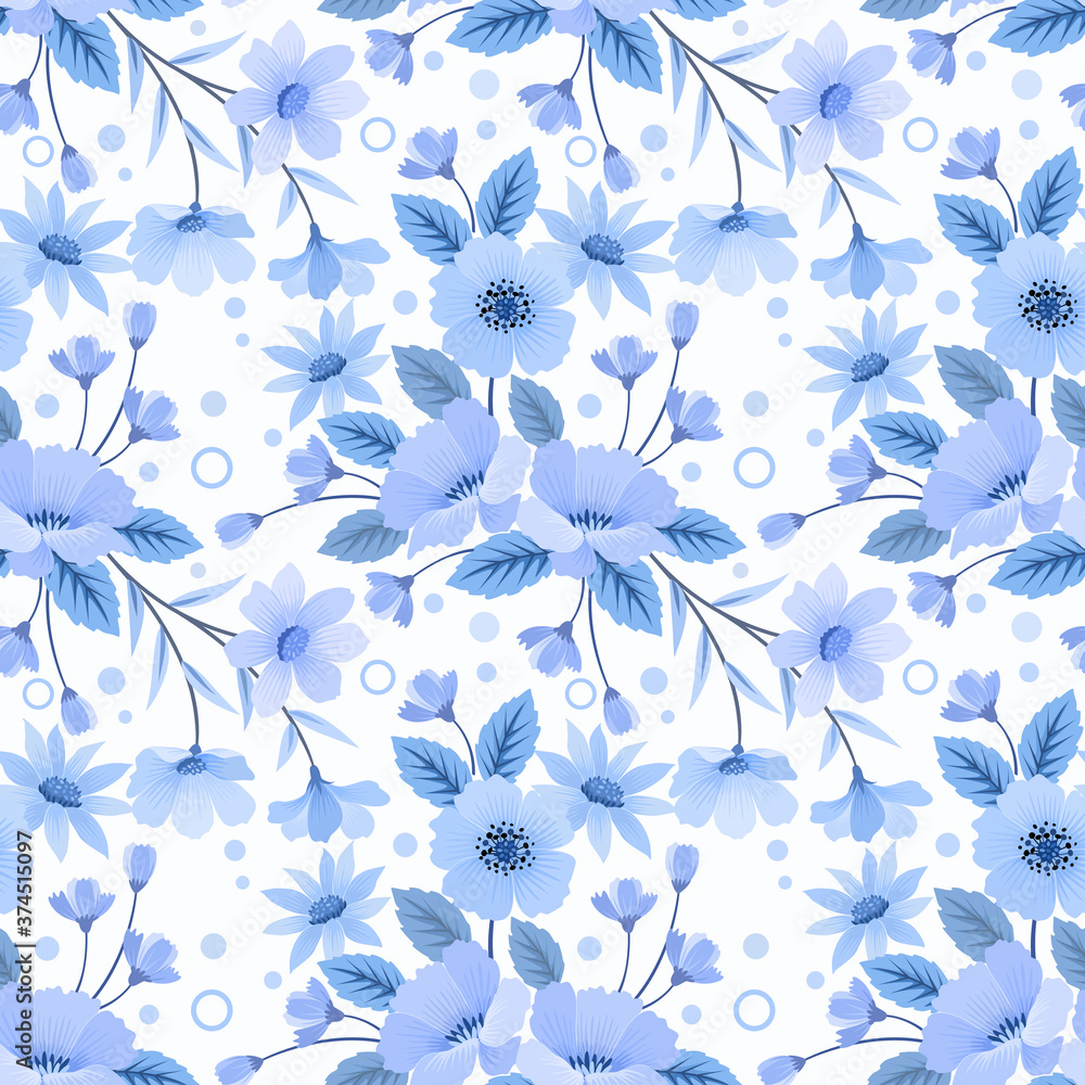 Fototapeta Seamless floral pattern on blue monochrome background fabric textile wallpaper.