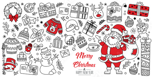 Set hand drawn Christmas elements doodles. Season greeting decor for your greeting card santa, gifts, reindeer, snowman. Linear graphic. Vector illustration