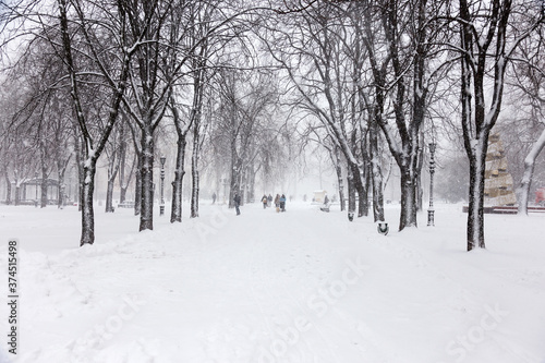 Winter city landscape. People on the streets of the city during snowfall. © Elena