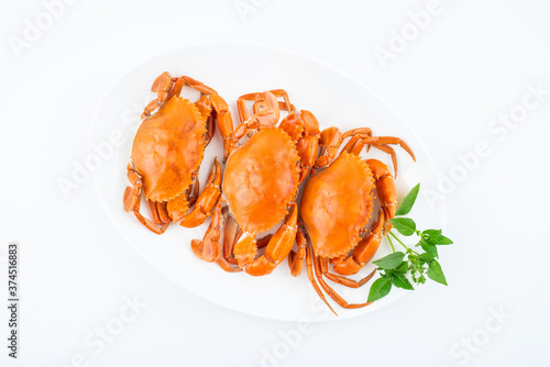 A dish of delicious steamed red sturgeon crab on white background