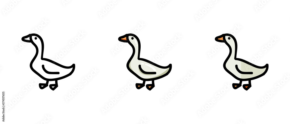 This is a set of icons with different style of goose. Outline and colored symbols of a goose. Freehand drawing. Stylish solution for a website. This is a set of icons with different style of goose. Outline and colored symbols of a goose. Freehand drawing. Stylish solution for a website.