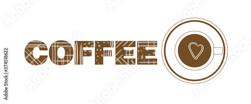 A Cup of coffee with a heart - shaped foam. Top view, illustration, coffee logo on a white background.