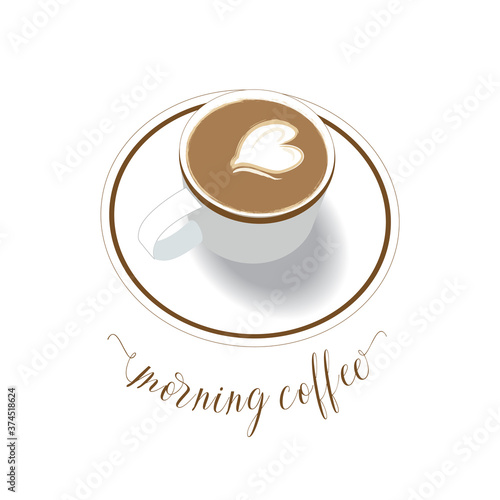 A Cup of coffee with a heart - shaped foam. Top view, illustration, coffee logo on a white background.