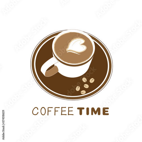 A Cup of coffee with a heart -shaped foam. Top view, illustration, coffee logo on a white background.