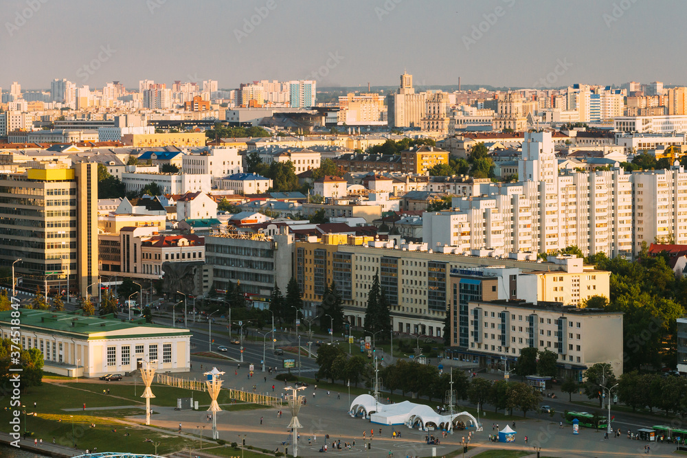 Minsk, Belarus. Cityscape of Minsk, Belarus. Summer season, sunset time.