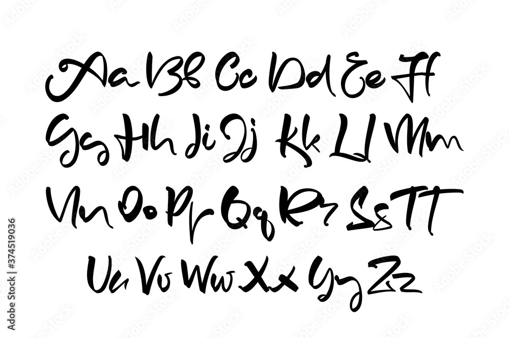 Vector Decorative Handwritten brush font. English Abc alphabet on white background.
