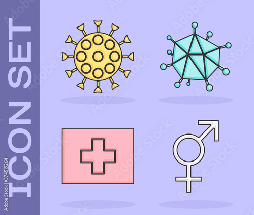 Set Gender, Virus, First aid kit and Virus icon. Vector.
