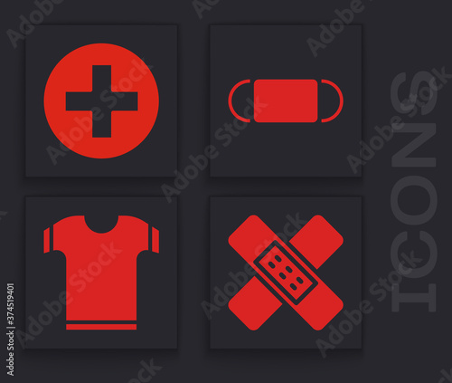 Set Crossed bandage plaster, Cross hospital medical, Medical protective mask and T-shirt icon. Vector.