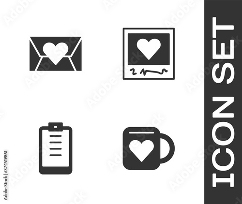 Set Coffee cup and heart, Envelope with Valentine, Clipboard checklist and Photo frames hearts icon. Vector.