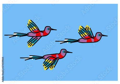 Hummingbirds. A flock of small colorfull birds. Vector drawing for logo and illustrations. © Alex