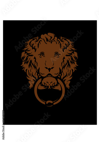Door ring in the form of a head of lion. Vector drawing for logo and illustrations.