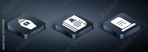 Set Isometric Funeral urn, Grave with tombstone and Death certificate icon. Vector.