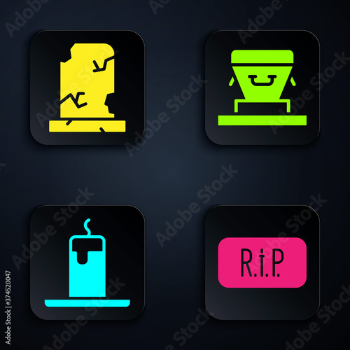 Set Speech bubble rip death, Old grave with tombstone, Burning candle and Coffin. Black square button. Vector.