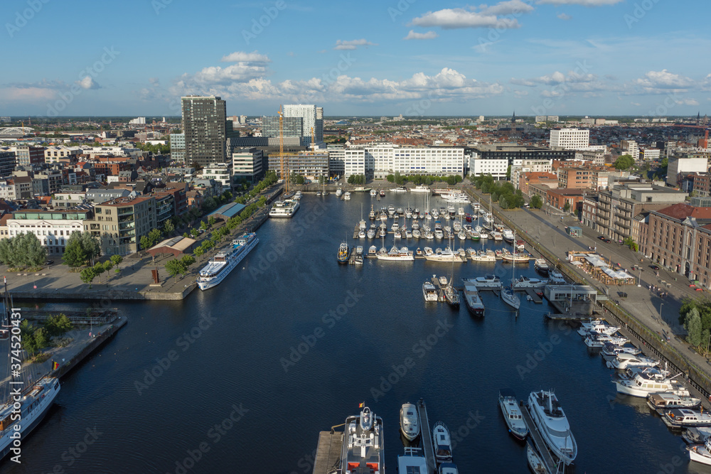 Antwerp cityscape, with an aerial view of Willemdok, Antwerp's yacht marina