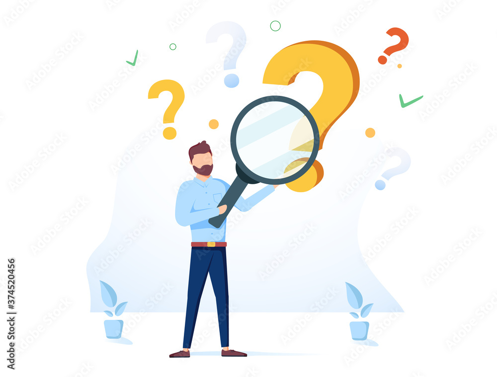 Man holding magnifying glass and looking through it at interrogation points. Concept of frequently asked questions - obrazy, fototapety, plakaty 