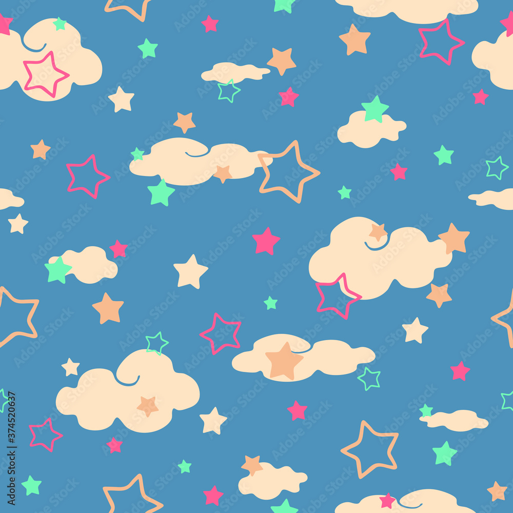 Seamless vector patter with stars and clouds on blue background. Children wallpaper design for bedroom. Simple nursery fashion textile. Seamless vector patter with stars and clouds on blue background. Children wallpaper design for bedroom. Simple nursery fashion textile.