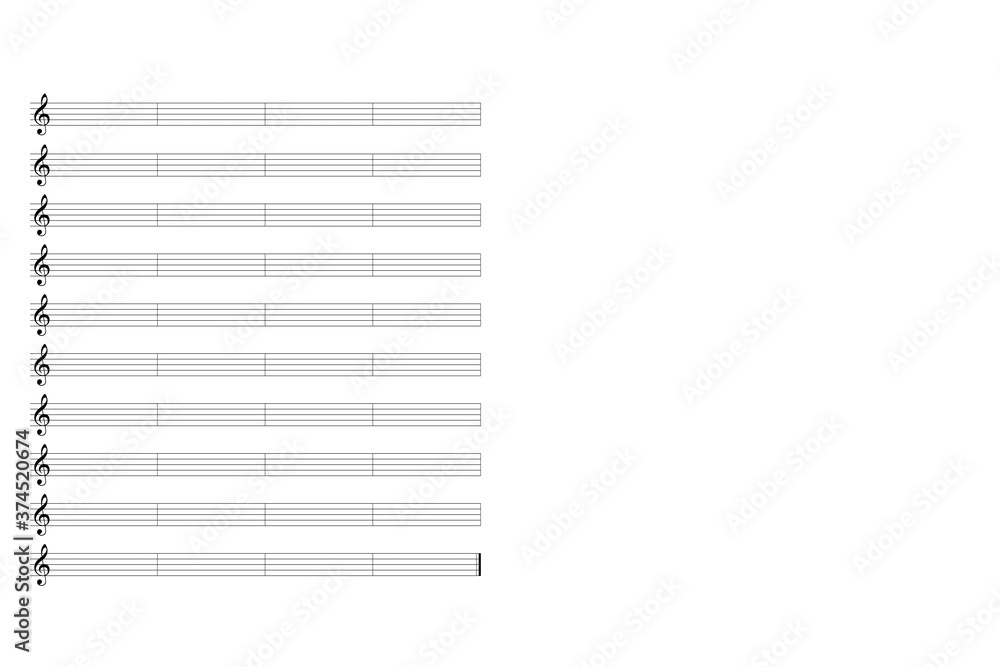 blank music sheet with bars and treble clef on a white background