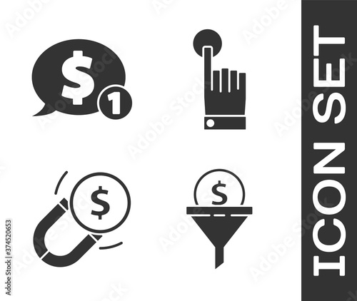 Set Lead management, Speech bubble with dollar, Magnet with money and Hand touch and tap gesture icon. Vector.