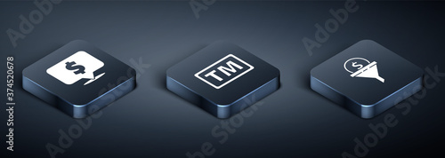 Set Isometric Speech bubble with dollar, Lead management and Trademark icon. Vector.