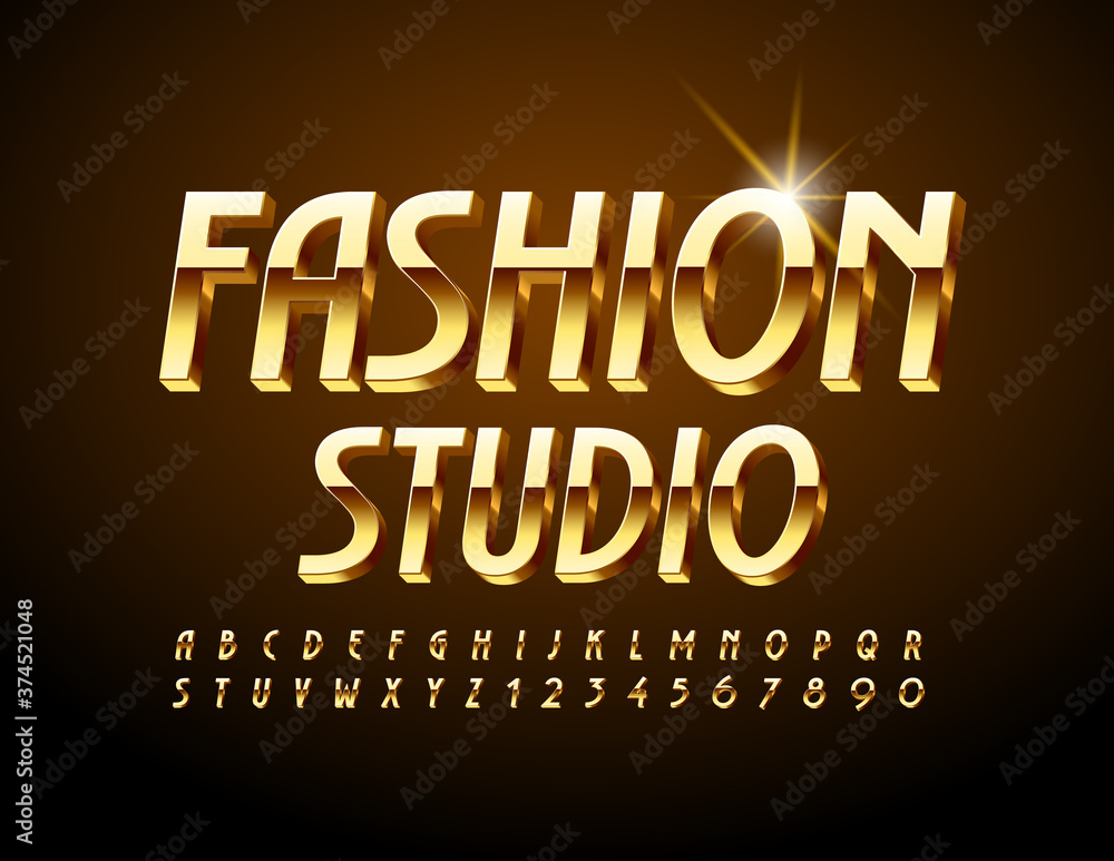 Vector stylish emblem Fashion Studio. Gold Alphabet Letters and Numbers. Elegant 3D Font.