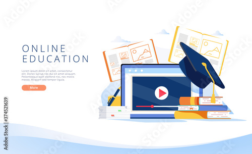 Modern flat design concept of Online Education for banner and website. Landing page template. Graduation, e-learning.