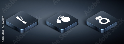 Set Isometric Hairbrush, Aftershave and Aftershave bottle with atomizer icon. Vector.