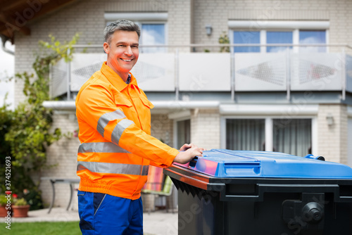 Photography Garbage Bin Collection. Waste Collector With Rubbish
