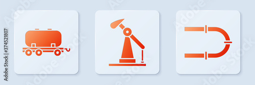 Set Oil pump or pump jack, Oil railway cistern and Industry pipe. White square button. Vector.
