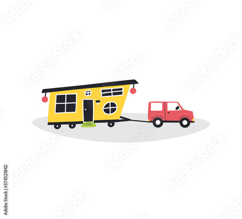 Tiny house on wheels, trailer. Downsize, mobile home concept. Vector.