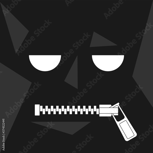Black square face avatar with zipper mouth closure. Vector image