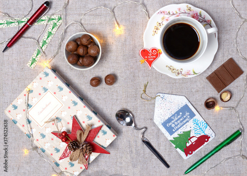 Christmas breakfast. View from above. Translation: Daily. I love you. Happy New Year and Christmas