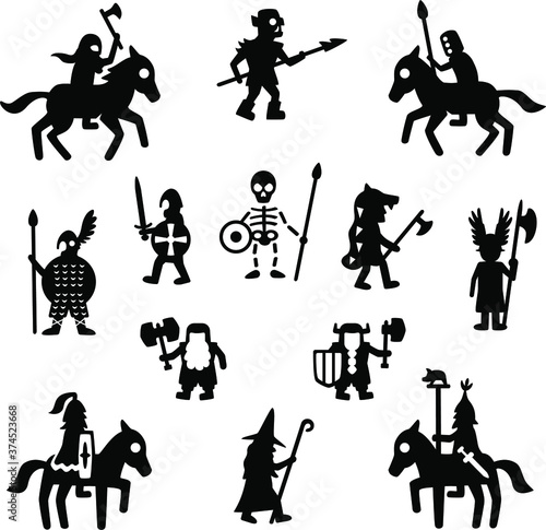 Vector set of medieval fantasy character icon silhouettes. Includes a an orc, vikings, a wizard, knights, a skeleton and more.